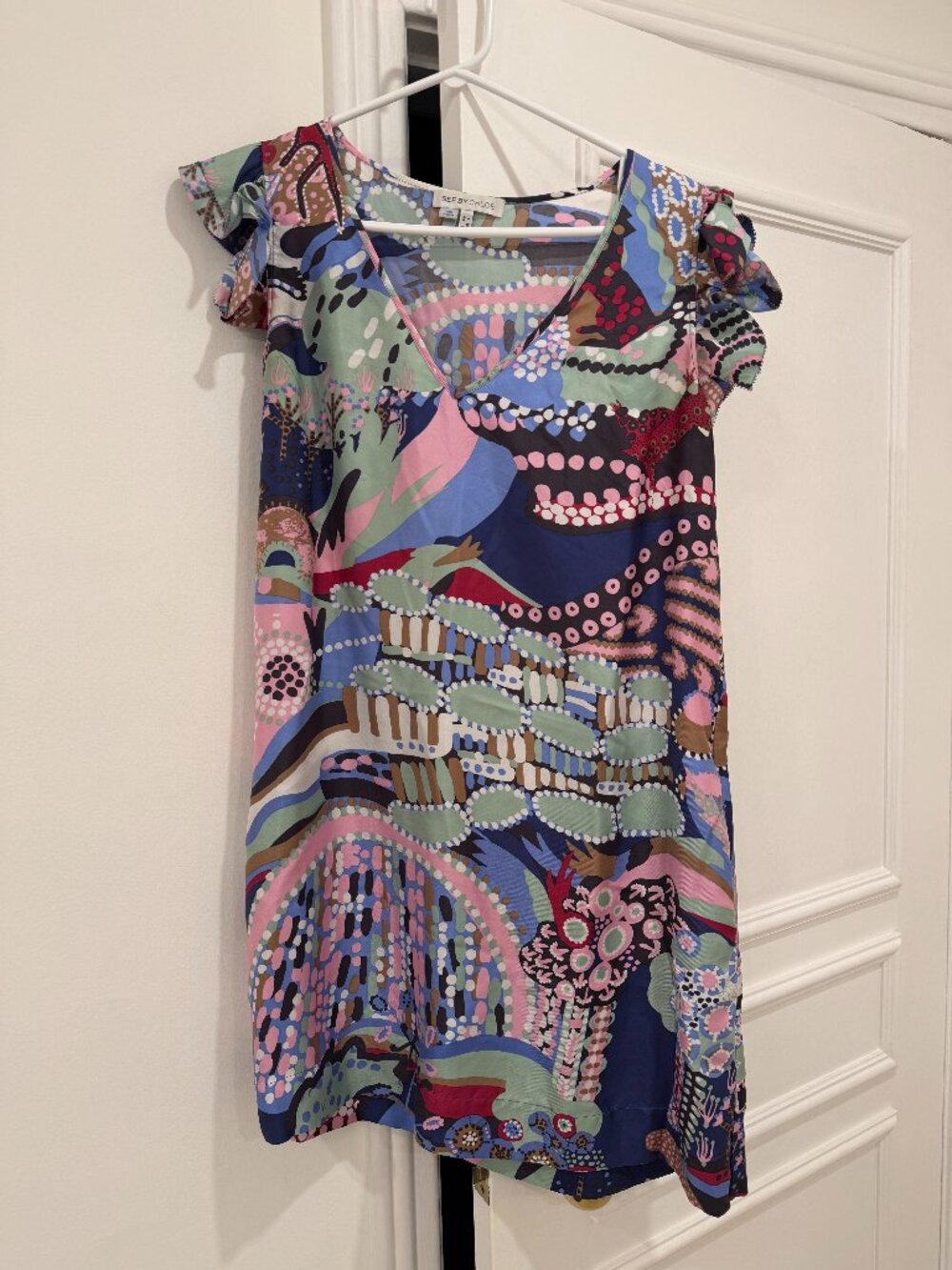 See by Chloé Abstract Print Mini Dress | Flutter Sleeve V-Neck Silk Blend